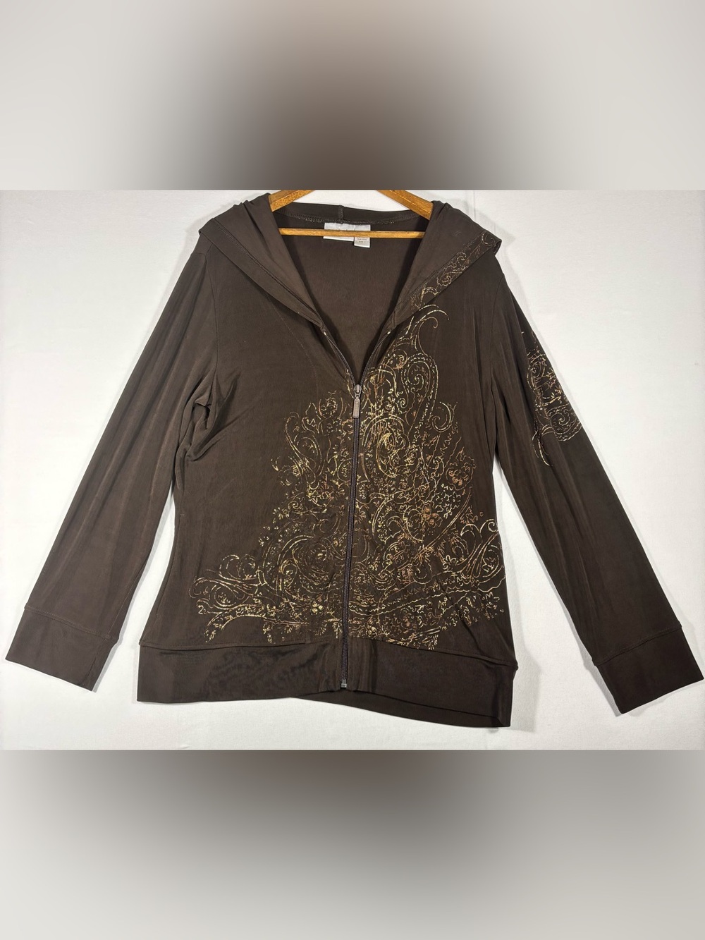 Chico’s Women’s 1X Embellished Brown Full Zip Hoodie Long Sleeve